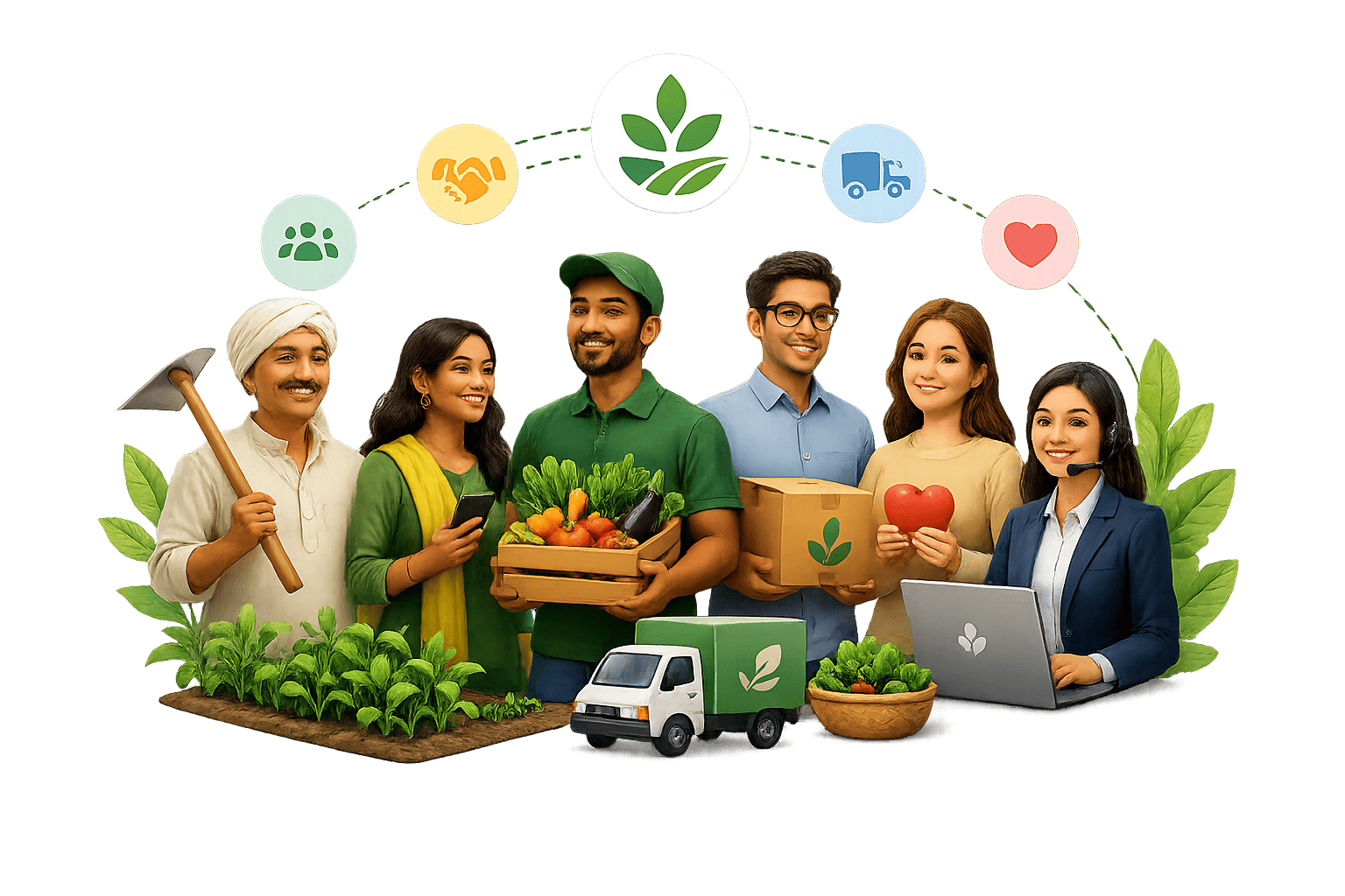 ATE Food Farms users representing farming, distribution, community support, and administration